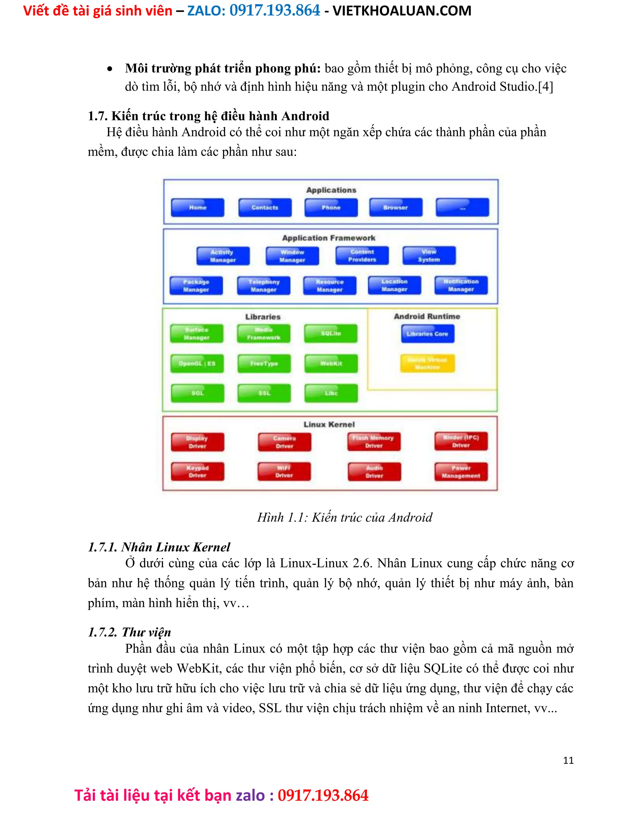 Viết đề tài giá sinh viên – ZALO: 0917.193.864 - VIETKHOALUAN.COM
Tải tài liệu tại kết bạn zalo : 0917.193.864
 Môi trường phát triển phong phú: bao gồm thiết bị mô phỏng, công cụ cho việc
dò tìm lỗi, bộ nhớ và định hình hiệu năng và một plugin cho Android Studio.[4]
1.7. Kiến trúc trong hệ điều hành Android
Hệ điều hành Android có thể coi như một ngăn xếp chứa các thành phần của phần
mềm, được chia làm các phần như sau:
Hình 1.1: Kiến trúc của Android
1.7.1. Nhân Linux Kernel
Ở dưới cùng của các lớp là Linux-Linux 2.6. Nhân Linux cung cấp chức năng cơ
bản như hệ thống quản lý tiến trình, quản lý bộ nhớ, quản lý thiết bị như máy ảnh, bàn
phím, màn hình hiển thị, vv…
1.7.2. Thư viện
Phần đầu của nhân Linux có một tập hợp các thư viện bao gồm cả mã nguồn mở
trình duyệt web WebKit, các thư viện phổ biến, cơ sở dữ liệu SQLite có thể được coi như
một kho lưu trữ hữu ích cho việc lưu trữ và chia sẻ dữ liệu ứng dụng, thư viện để chạy các
ứng dụng như ghi âm và video, SSL thư viện chịu trách nhiệm về an ninh Internet, vv...
11
 