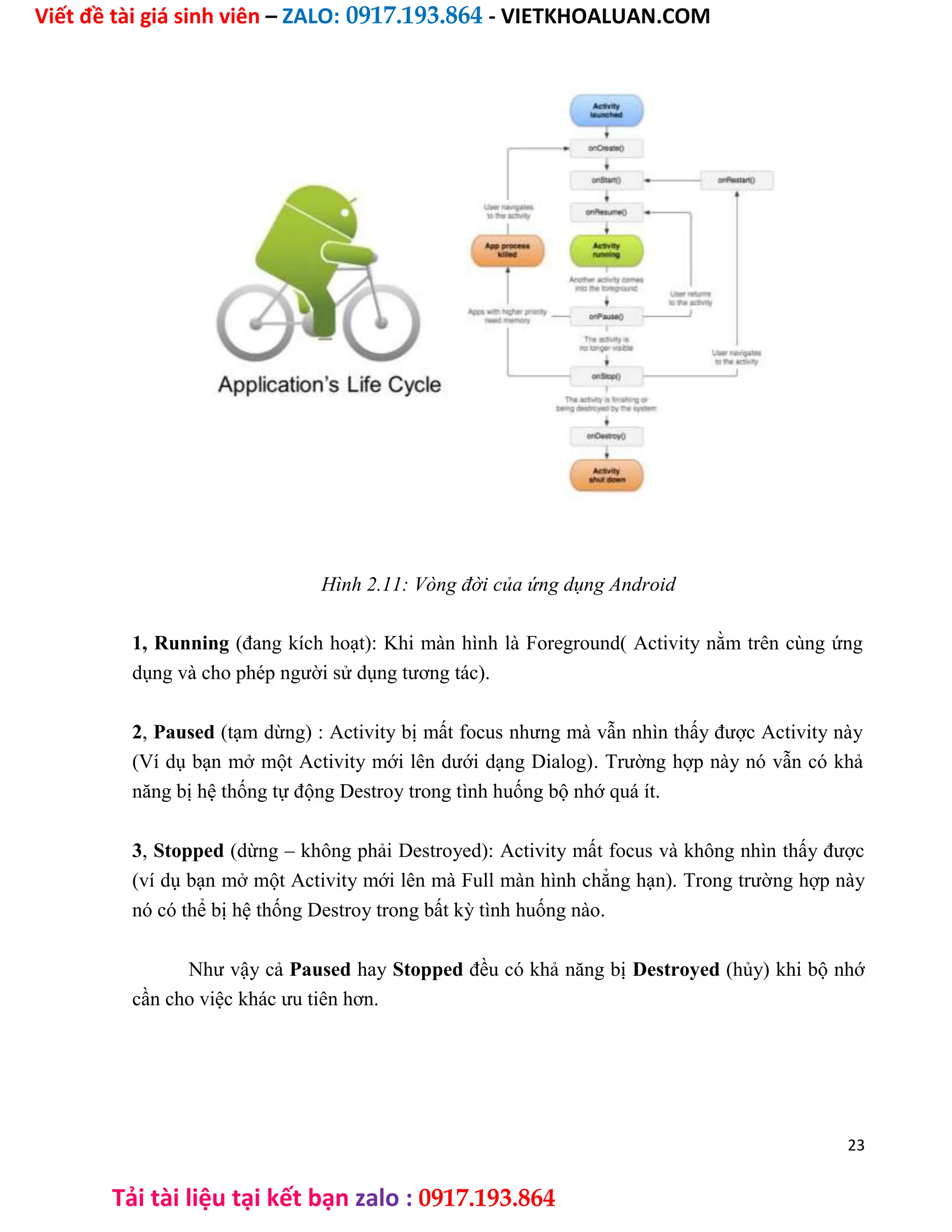 Viết đề tài giá sinh viên – ZALO: 0917.193.864 - VIETKHOALUAN.COM
Tải tài liệu tại kết bạn zalo : 0917.193.864
Hình 2.11: Vòng đời của ứng dụng Android
1, Running (đang kích hoạt): Khi màn hình là Foreground( Activity nằm trên cùng ứng
dụng và cho phép người sử dụng tương tác).
2, Paused (tạm dừng) : Activity bị mất focus nhưng mà vẫn nhìn thấy được Activity này
(Ví dụ bạn mở một Activity mới lên dưới dạng Dialog). Trường hợp này nó vẫn có khả
năng bị hệ thống tự động Destroy trong tình huống bộ nhớ quá ít.
3, Stopped (dừng – không phải Destroyed): Activity mất focus và không nhìn thấy được
(ví dụ bạn mở một Activity mới lên mà Full màn hình chẳng hạn). Trong trường hợp này
nó có thể bị hệ thống Destroy trong bất kỳ tình huống nào.
Như vậy cả Paused hay Stopped đều có khả năng bị Destroyed (hủy) khi bộ nhớ
cần cho việc khác ưu tiên hơn.
23
 