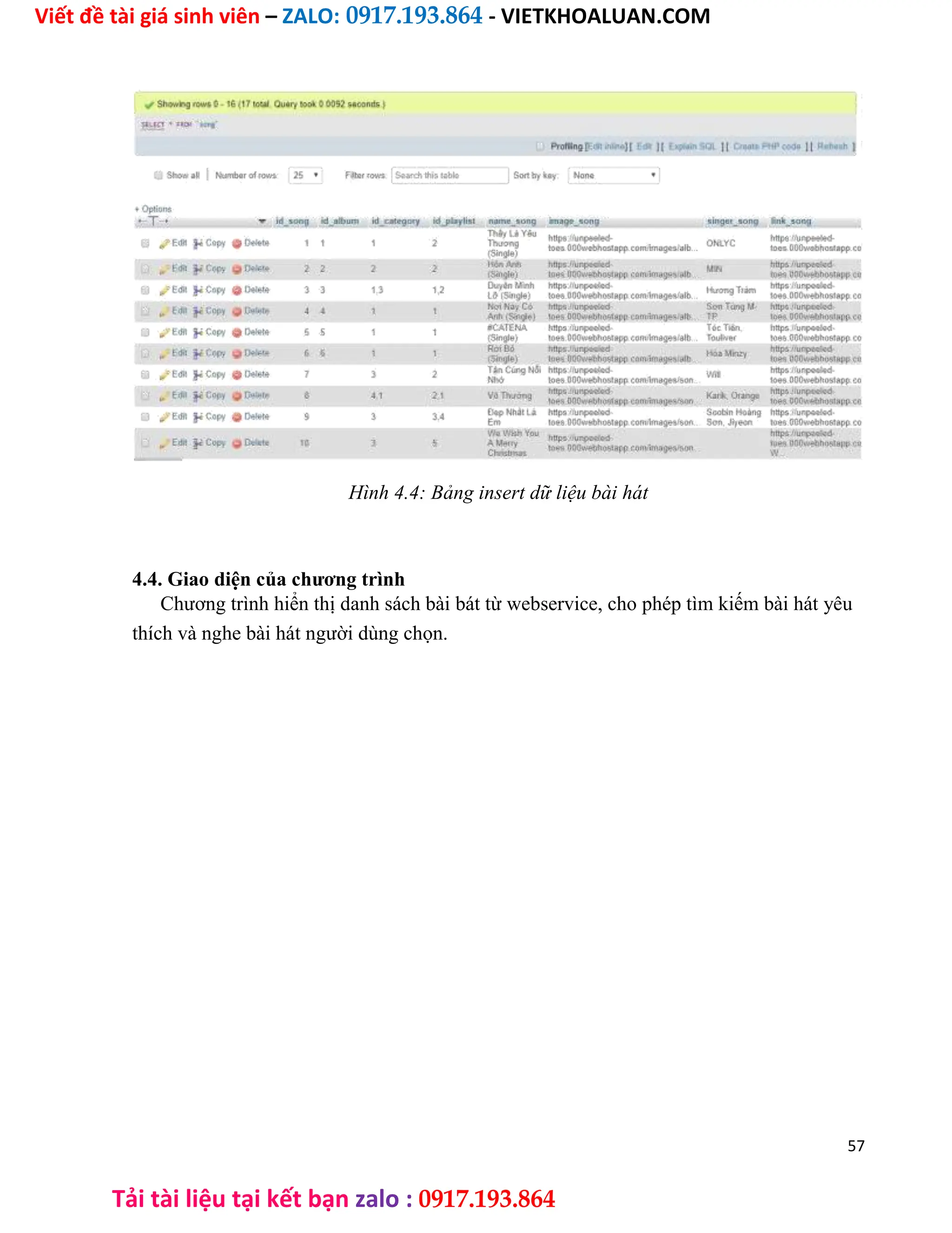 Viết đề tài giá sinh viên – ZALO: 0917.193.864 - VIETKHOALUAN.COM
Tải tài liệu tại kết bạn zalo : 0917.193.864
Hình 4.4: Bảng insert dữ liệu bài hát
4.4. Giao diện của chương trình
Chương trình hiển thị danh sách bài bát từ webservice, cho phép tìm kiếm bài hát yêu
thích và nghe bài hát người dùng chọn.
57
 