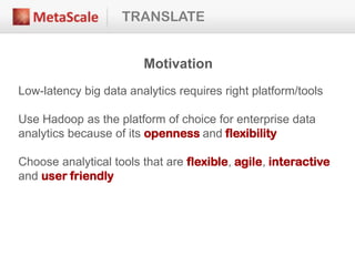 TRANSLATE
Motivation
Low-latency big data analytics requires right platform/tools
Use Hadoop as the platform of choice for enterprise data
analytics because of its openness and flexibility
Choose analytical tools that are flexible, agile, interactive
and user friendly
 