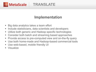 TRANSLATE
Implementation
 Big data analytics takes a team effort
 Include statisticians, data scientists and developers
 Utilize both generic and Hadoop specific technologies
 Consider both batch and streaming based approaches
 Provide access to pre-computed view and on-the-fly query
 Use both home-made and Hadoop-based commercial tools
 Use web-based, mobile friendly UI
 Visualize
 
