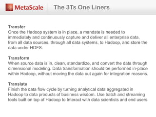 The 3Ts One Liners
Transfer
Once the Hadoop system is in place, a mandate is needed to
immediately and continuously capture and deliver all enterprise data,
from all data sources, through all data systems, to Hadoop, and store the
data under HDFS.
Transform
When source data is in, clean, standardize, and convert the data through
dimensional modeling. Data transformation should be performed in-place
within Hadoop, without moving the data out again for integration reasons.
Translate
Finish the data flow cycle by turning analytical data aggregated in
Hadoop to data products of business wisdom. Use batch and streaming
tools built on top of Hadoop to Interact with data scientists and end users.
 