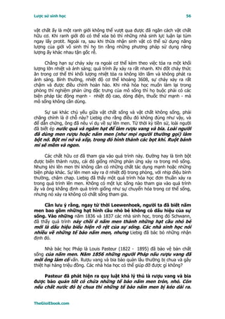 Lược sử sinh học                                                          56


vật chất ấy là một ranh giới không thể vượt qua được đã ngăn cách vật chất
hữu cơ. Khi ranh giới đó có thể xóa bỏ thì những nhà sinh lực luận lại túm
ngay lấy protit. Ngoài ra, sau khi thừa nhận sinh vật có thể sử dụng năng
lượng của giới vô sinh thì họ tin rằng những phương pháp sử dụng năng
lượng ấy khác nhau tận gốc rễ.

     Chẳng hạn sự cháy xảy ra ngoài cơ thể kèm theo việc tỏa ra một khối
lượng lớn nhiệt và ánh sáng; quá trình ấy xảy ra rất nhanh. Khi đốt cháy thức
ăn trong cơ thể thì khối lượng nhiệt tỏa ra không lớn lắm và không phát ra
ánh sáng. Bình thường, nhiệt độ cơ thể khoảng 3608, sự cháy xảy ra rất
chậm và được điều chỉnh hoàn hảo. Khi nhà hóa học muốn làm lại trong
phòng thí nghiệm phản ứng đặc trưng của mô sống thì họ buộc phải có các
biện pháp tác động mạnh - nhiệt độ cao, dòng điện, thuốc thử mạnh - mà
mô sống không cần dùng.

     Sự sai khác chủ yếu giữa vật chất sống và vật chất không sống, phải
chăng chính là ở chỗ này? Liebig cho rằng điều đó không đúng như vậy, và
để dẫn chứng, ông đã nêu ví dụ về sự lên men. Từ thời kỳ tiền sử, loài người
đã biết ép nước quả và ngâm hạt để làm rượu vang và bia. Loài người
đã dùng men rượu hoặc nấm men (như mọi người thường gọi) làm
bột nở. Bột mì nở và xốp, trong đó hình thành các bọt khí. Ruột bánh
mì sẽ mềm và ngon.

     Các chất hữu cơ đã tham gia vào quá trình này. Ðường hay là tinh bột
được biến thành rượu, cái đó giống những phản ứng xảy ra trong mô sống.
Nhưng khi lên men thì không cần có những chất tác dụng mạnh hoặc những
biện pháp khác. Sự lên men xảy ra ở nhiệt độ trong phòng, với nhịp điệu bình
thường, chậm chạp. Liebig đã thấy một quá trình hóa học đơn thuần xảy ra
trong quá trình lên men. Không có một lực sống nào tham gia vào quá trình
ấy và ông khẳng định quá trình giống như sự chuyển hóa trong cơ thể sống,
nhưng nó xảy ra không có chất sống tham gia.

     Cần lưu ý rằng, ngay từ thời Leewenhoek, người ta đã biết nấm
men bao gồm những hạt hình cầu nhỏ bé không có dấu hiệu của sự
sống. Vào những năm 1836 và 1837 các nhà sinh học, trong đó Schwann,
đã thấy quá trình nảy chồi ở nấm men thành những hạt cầu nhỏ bé
mới là dấu hiệu biểu hiện rõ rệt của sự sống. Các nhà sinh học nói
nhiều về những tế bào nấm men, nhưng Liebig đã bác bỏ những nhận
định đó.

      Nhà bác học Pháp là Louis Pasteur (1822 - 1895) đã bảo vệ bản chất
sống của nấm men. Năm 1856 những người Pháp nấu rượu vang đã
mời ông làm cố vấn. Rượu vang và bia bảo quản lâu thường bị chua và gây
thiệt hại hàng triệu đồng. Các nhà hóa học có thể giúp đỡ được gì không?

    Pasteur đã phát hiện ra quy luật khá lý thú là rượu vang và bia
được bảo quản tốt có chứa những tế bào nấm men tròn, nhỏ. Còn
nếu chất nước đó bị chua thì những tế bào nấm men bị kéo dài ra.


TheGioiEbook.com
 