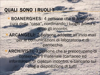 BOANERGHES:  4 persone che si prendono cura della “casa”, riordinando i luoghi prima e dopo gli incontri. ARCANGELI:  2 persone addette all’invio mail per le comunicazioni di laboratorio e di parrocchia ARCHIVISTI:  3 persone che si preoccupano di conservare il materiale (cartaceo ed informatico) di ciascun incontro, e caricarlo sul blog a disposizione di tutti  
