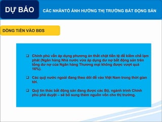 DỰ BÁO CÁC NHÂNTỐ ẢNH HƯỞNG THỊ TRƯỜNG BẤT ĐỘNG SẢNDỰ BÁO
DÒNG TiỀN VÀO BĐS
 Chính phủ vẫn áp dụng phương án thắt chặt tiền tệ để kiềm chế lạm
phát (Ngân hàng Nhà nước vừa áp dụng dư nợ bất động sản trên
tổng dư nợ của Ngân hàng Thương mại không được vượt quá
16%).
 Các quỹ nước ngoài đang theo dõi để vào Việt Nam trong thời gian
tới.
 Quỹ tín thác bất động sản đang được các Bộ, ngành trình Chính
phủ phê duyệt – sẽ bổ sung thêm nguồn vốn cho thị trường.
 
