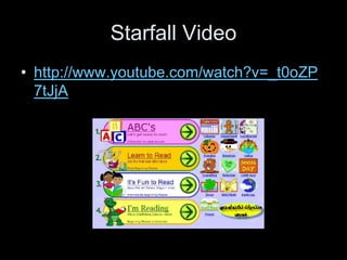 Starfall Video
• http://www.youtube.com/watch?v=_t0oZP
  7tJjA
 