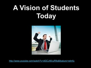 A Vision of Students
          Today




http://www.youtube.com/watch?v=dGCJ46vyR9o&feature=relmfu
 