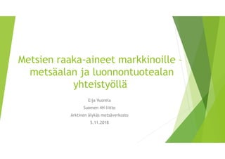 Metsien raaka-aineet markkinoille –
metsäalan ja luonnontuotealan
yhteistyöllä
Eija Vuorela
Suomen 4H-liitto
Arktinen älykäs metsäverkosto
5.11.2018
 
