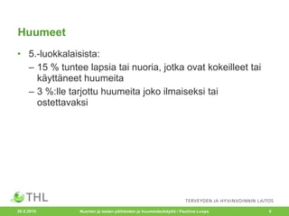 Huumeet
• 5.-luokkalaisista:
– 15 % tuntee lapsia tai nuoria, jotka ovat kokeilleet tai
käyttäneet huumeita
– 3 %:lle tarjottu huumeita joko ilmaiseksi tai
ostettavaksi
20.5.2015 Nuorten ja lasten päihteiden ja huumeidenkäyttö / Pauliina Luopa 5
 