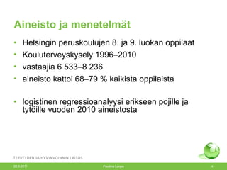 Aineisto ja menetelmät Helsingin peruskoulujen 8. ja 9. luokan oppilaat Kouluterveyskysely 1996  2010 vastaajia 6 533  8 236 aineisto kattoi 68  79 % kaikista oppilaista logistinen regressioanalyysi erikseen pojille ja tytöille vuoden 2010 aineistosta 20.9.2011 Pauliina Luopa 