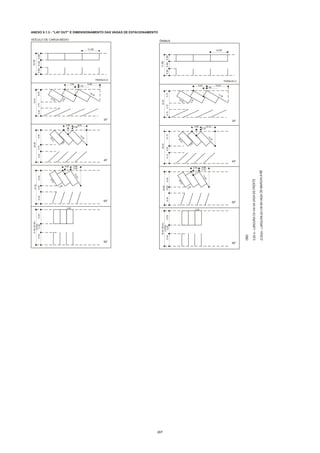 207
12.30
11.80
5.30
5.40
3.50
3.20
19.70
22.20
24.80
28.40
8.00
6.75
4.95
4.56
9.55
10.10
45° 45°
60° 60°
90° 90°
30° 30°
2.45
2.25
4.05
3.70
3.00
3.20
6.05
6.95
3.05
2.75
13.50
14.25
12.02
13.55
9.55
10.10
27.30
34.85
10.40
12.0012.00
10.406.50
10.85
10.00
12.00
10.00
12.00
31.50(30.50)
36.50(38.50)
(10.50)
(14.50)
11.50
12.50
3.70
4.70
5.70
8.20
3.50
3.20
3.50
3.20
9.55
10.10
10.00
12.00
10.00
12.00
8.00
6.75
3.50
3.20
11.00 12.00
PARALELO
PARALELO
13.90
15.201.75
1.60
3.50
3.20
16.05 17.55
7.00
6.40
10.00 12.00
"LAY OUT" E DIMENSIONAMENTO DAS VAGAS DE ESTACIONAMENTO
VEÍCULO DE CARGA MÉDIO
ANEXO 8.1.3 -
ÔNIBUS
 