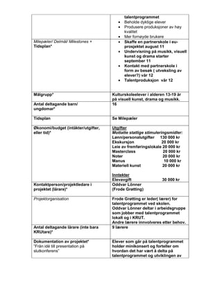 talentprogrammet
                                        •   Beholde dyktige elever
                                        •   Produsere produksjoner av høy
                                            kvalitet
                                        •   Mer fornøyde brukere
Milepæler/ Delmål/ Milestones +         •   Skaffe en partnerskole i eu-
Tidsplan*                                   prosjektet august 11
                                        •   Undervisning på musikk, visuell
                                            kunst og drama starter
                                            september 11
                                        •   Kontakt med partnerskole i
                                            form av besøk ( utveksling av
                                            elever?) vår 12
                                        •   Talentproduksjon vår 12


Målgrupp*                            Kulturskoleelever i alderen 13-19 år
                                     på visuell kunst, drama og musikk.
Antal deltagande barn/               16
ungdomar*

Tidsplan                             Se Milepæler

Økonomi/budget (intäkter/utgifter,   Utgifter
eller tid)*                          Mottatte statlige stimuleringsmidler:
                                     Lønn/personalutgifter 130 000 kr
                                     Ekskursjon                 20 000 kr
                                     Leie av fremføringslokale 20 000 kr
                                     Masterclass                 20 000 kr
                                     Noter                      20 000 kr
                                     Manus                       10 000 kr
                                     Materiell kunst            20 000 kr

                                     Inntekter
                                     Elevavgift                30 000 kr
Kontaktperson/projektledare i        Oddvar Lönner
projektet (lärare)*                  (Frode Grøtting)

Projektorganisation                  Frode Grøtting er leder( lærer) for
                                     talentprogrammet ved skolen.
                                     Oddvar Lönner deltar i arbeidsgruppe
                                     som jobber med talentprogrammet
                                     lokalt og i KRUT.
                                     Andre lærere innvolveres etter behov.
Antal deltagande lärare (inte bara   9 lærere
KRUtare)*

Dokumentation av projektet*          Elever som går på talentprogrammet
”Från idé till presentation på       holder minikonsert og forteller om
slutkonferens”                       hvordan det har vært å delta på
                                     talentprogrammet og utviklingen av
 