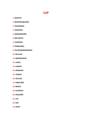 LUP
1. RESPETO
2. RESPONSABILIDAD
3. TOLERANCIA
4. VIOLENCIA
5. DROGADICCIÓN
6. MALTRATO
7. PACIENCIA
8. PROBLEMAS
9. TELECOMUNICACIONES
10. CELULAR
11. MICROSCOPIO
12. LUPAS
13. CUERPO
14. ORGANOS
15. TEJIDOS
16. CELULAS
17. DIGESTIÓN
18. MENTE
19. ESTIMULO
20. REACCIÓN
21. LUZ
22. GAS
23. AGUA