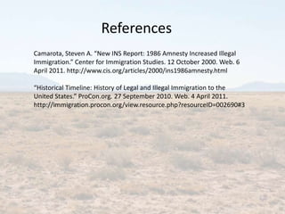 References<br />Camarota, Steven A. “New INS Report: 1986 Amnesty Increased Illegal Immigration.” Center for Immigration S...
