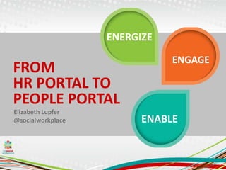 FROM
HR PORTAL TO
PEOPLE PORTAL
ENABLE
ENGAGE
ENERGIZE
Elizabeth Lupfer
@socialworkplace
 