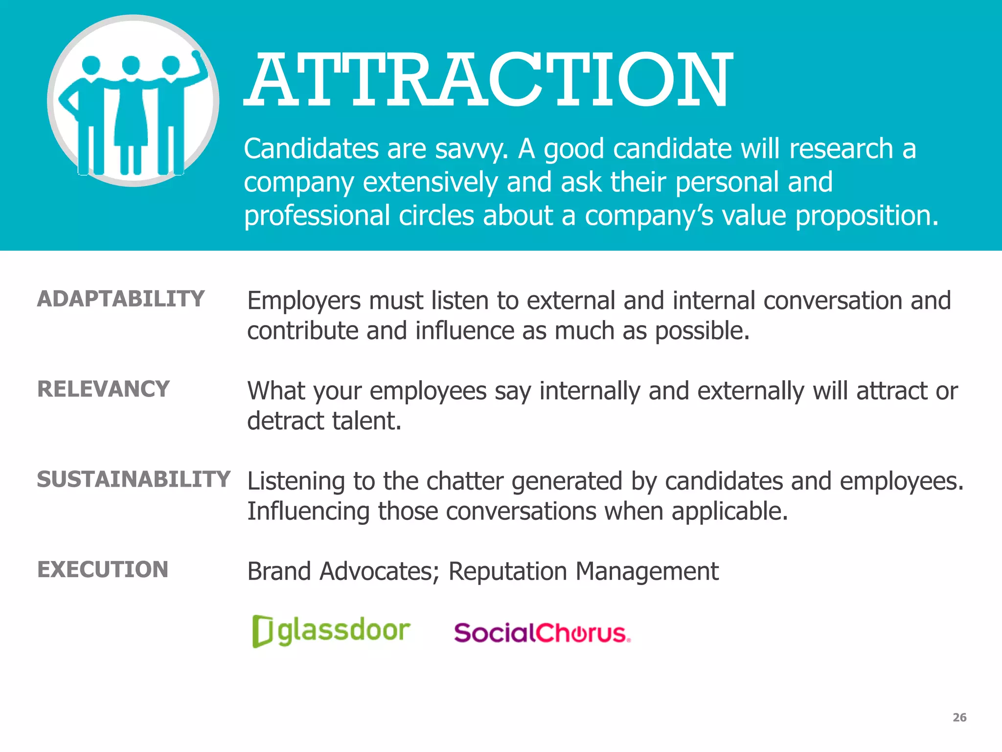 ATTRACTION
Candidates are savvy. A good candidate will research a
company extensively and ask their personal and
professional circles about a company’s value proposition.
26
ADAPTABILITY Employers must listen to external and internal conversation and
contribute and influence as much as possible.
RELEVANCY What your employees say internally and externally will attract or
detract talent.
SUSTAINABILITY Listening to the chatter generated by candidates and employees.
Influencing those conversations when applicable.
EXECUTION Brand Advocates; Reputation Management
 
