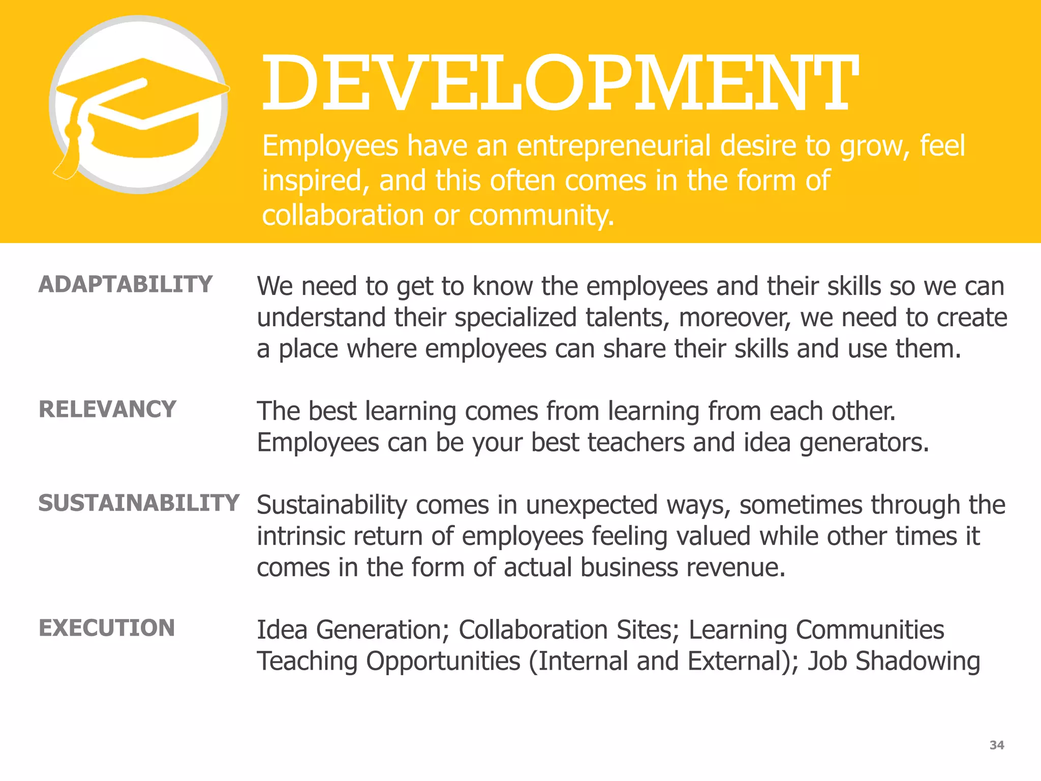 ADAPTABILITY We need to get to know the employees and their skills so we can
understand their specialized talents, moreover, we need to create
a place where employees can share their skills and use them.
RELEVANCY The best learning comes from learning from each other.
Employees can be your best teachers and idea generators.
SUSTAINABILITY Sustainability comes in unexpected ways, sometimes through the
intrinsic return of employees feeling valued while other times it
comes in the form of actual business revenue.
EXECUTION Idea Generation; Collaboration Sites; Learning Communities
Teaching Opportunities (Internal and External); Job Shadowing
DEVELOPMENT
Employees have an entrepreneurial desire to grow, feel
inspired, and this often comes in the form of
collaboration or community.
34
 