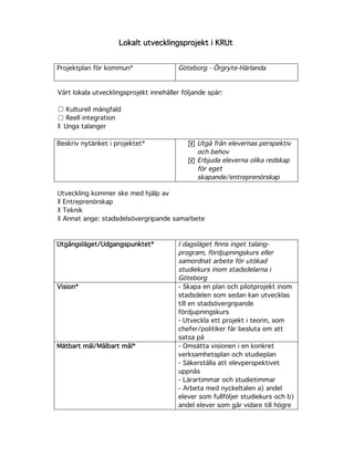 Lokalt utvecklingsprojekt i KRUt


Projektplan för kommun*                  Göteborg - Örgryte-Härlanda


Vårt lokala utvecklingsprojekt innehåller följande spår:

☐ Kulturell mångfald
☐ Reell integration
 Unga talanger

Beskriv nytänket i projektet*                Utgå från elevernas perspektiv
                                              och behov
                                             Erbjuda eleverna olika redskap
                                              för eget
                                              skapande/entreprenörskap

Utveckling kommer ske med hjälp av
 Entreprenörskap
 Teknik
 Annat ange: stadsdelsövergripande samarbete



Utgångsläget/Udgangspunktet*             I dagsläget ﬁnns inget talang-
                                         program, fördjupningskurs eller
                                         samordnat arbete för utökad
                                         studiekurs inom stadsdelarna i
                                         Göteborg
Vision*                                  - Skapa en plan och pilotprojekt inom
                                         stadsdelen som sedan kan utvecklas
                                         till en stadsövergripande
                                         fördjupningskurs
                                         - Utveckla ett projekt i teorin, som
                                         chefer/politiker får besluta om att
                                         satsa på
Mätbart mål/Målbart mål*                 - Omsätta visionen i en konkret
                                         verksamhetsplan och studieplan
                                         - Säkerställa att elevperspektivet
                                         uppnås
                                         - Lärartimmar och studietimmar
                                         - Arbeta med nyckeltalen a) andel
                                         elever som fullföljer studiekurs och b)
                                         andel elever som går vidare till högre
 