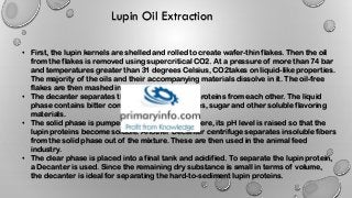 Lupin Oil Extraction
• First, the lupin kernels are shelled and rolled to create wafer-thin flakes. Then the oil
from the flakes is removed using supercritical CO2. At a pressure of more than 74 bar
and temperatures greater than 31 degrees Celsius, CO2takes on liquid-like properties.
The majority of the oils and their accompanying materials dissolve in it. The oil-free
flakes are then mashed in a stirring tank.
• The decanter separates the fiber and the lupin proteins from each other. The liquid
phase contains bitter compounds, carbohydrates, sugar and other soluble flavoring
materials.
• The solid phase is pumped into another tank. There, its pH level is raised so that the
lupin proteins become soluble. Another Decanter centrifuge separates insoluble fibers
from the solid phase out of the mixture. These are then used in the animal feed
industry.
• The clear phase is placed into a final tank and acidified. To separate the lupin protein,
a Decanter is used. Since the remaining dry substance is small in terms of volume,
the decanter is ideal for separating the hard-to-sediment lupin proteins.
 