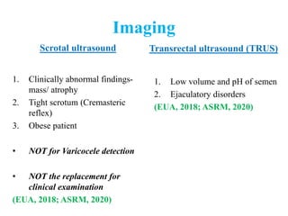 Imaging
Scrotal ultrasound
1. Clinically abnormal findings-
mass/ atrophy
2. Tight scrotum (Cremasteric
reflex)
3. Obese patient
• NOT for Varicocele detection
• NOT the replacement for
clinical examination
(EUA, 2018; ASRM, 2020)
Transrectal ultrasound (TRUS)
1. Low volume and pH of semen
2. Ejaculatory disorders
(EUA, 2018; ASRM, 2020)
 