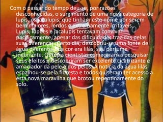 Com o passar do tempo deu-se, por razões desconhecidas, o surgimento de uma nova categoria de lupis, os jacalupis, que tinham este nome por serem bem maiores, lerdos e extremamente irritáveis. Lupis, lupões e jacalupis tentavam conviver pacificamente, apesar das dificuldades trazidas pelas suas diferenças. Certo dia, descobriu-se uma fonte de água diferente. Sua cor era lilás, seu perfume inebriante. Os lupis cientistas começaram a pesquisar seus efeitos e descobriram ser excelente cicatrizante e amaciador da pele e dos pelos. A notícia da água lilás espalhou-se pela floresta e todos quiseram ter acesso a esta nova maravilha que brotou repentinamente do solo. 
