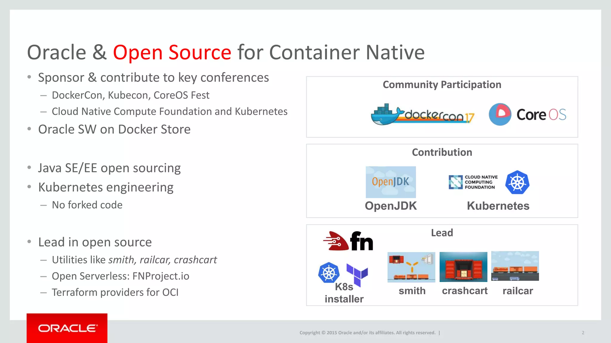Copyright © 2015 Oracle and/or its affiliates. All rights reserved. |
Oracle & Open Source for Container Native
• Sponsor & contribute to key conferences
– DockerCon, Kubecon, CoreOS Fest
– Cloud Native Compute Foundation and Kubernetes
• Oracle SW on Docker Store
• Java SE/EE open sourcing
• Kubernetes engineering
– No forked code
• Lead in open source
– Utilities like smith, railcar, crashcart
– Open Serverless: FNProject.io
– Terraform providers for OCI
2
OpenJDK
Community Participation
Contribution
Kubernetes
railcarsmith crashcart
Lead
K8s
installer
