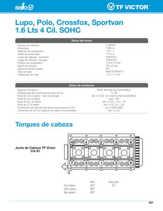 Lupo, Polo, Crossfox, Sportvan
1.6 Lts 4 Cil. SOHC
                                               Datos del motor
 Número de cilindros                                                     4 /SOHC
 Cilindrada                                                              1598 cc
 Relación de compresión                                                  10.3 : 1
 Orden de encendido                                                      1-3-4-2
 Juego de válvulas - Admisión                                            Hidráulica
 Juego de válvulas - Escape                                              Hidráulica
 Presión de compresión                                                   143 a 214 psi
 Tapón de radiador                                                       20 a 22 psi
 Apertura del termostato                                                 84º
 Tipo de bujía                                                           NGK PZFR5D11
 Calibración de bujía                                                    1.0 a 1.1 mm



                                             Datos de emisiones
 Régimen de ralentí                                                RPM: 600-900 NO AJUSTABLE
 Temperatura del aceite para prueba de CO                                      ºC: 80
 Nivel de CO al ralentí - tubo de escape                      Vol. % CO2: 0.5 máximo NO AJUSTABLE
 Nivel de HC al ralenlí                                                       ppm: 100
 Nivel de CO2 al ralentí                                               Vol. % CO2: 14.5 - 16
 Nivel de O2 al ralentí                                                 Vol. % O2: 0.1 - 0.5
 Incremento del régimen de ralentí para prueba de CO                      rpm: 2500-3000
 Contenido de CO con régimen de ralentí incrementado                         Vol. %: 0.3




Torques de cabeza

                                              10        4           2           6           8
Junta de Cabeza TF Victor
          CA-91


                                               7         5           1          3           9




                                                             Nm            Lbs-pie
                                         1er paso            30º             22
                                         2do paso            90º
                                         3er paso            90º


                                                                                                    601
 