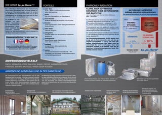 Die Technologie ist sehr energieeffizient und für alle
Gebäudehüllen einsetzbar mit einem positiven ökologi-
schen Fußabdruck! Mit Lu..po.Therm®
wird die gering-
investive Sanierung hochrentabel. Das System wird als
Innen-, Außen- oder Zwischenisolation eingesetzt und
auch im Denkmalschutz können sehr schlanke Konst-
ruktionen realisiert werden!
Die Befestigung erfolgt zwischen sich kreuzenden Latten,
so dass beidseitig Luftschichten entstehen. Es ist schnell
und sauber zu verlegen, langlebig, einfach rückbaubar
und voll recycelbar. Der flexible Wärmereflexionsstoff
passt sich an jede Kontur an und ist mit allen Baustoffen
kompatibel.
VHF vorgehängte hinterlüftete Fassade
diffusionsoffen zum Feuchtigkeitsausgleich
Dach, Kern-Isolation, Balkon, Wand, Decke, Wärmespeicher,
Fassade, Boden, Bauteile, Innen oder auSSen
Wie wirkt Lu..po.Therm®
?
Der vollständige Wärmeschutz wird kaskadenartig
durch einen mehrlagigen Stoff mit einer Vielzahl ku-
mulierender Wechselwirkungen erzielt. So erreicht
Lu..po.Therm®
den sensationellen Wert von ca. 99 %
Infrarotwärme, die im Winter nach innen und im Som-
mer nach außen zurückreflektiert wird.
Lu..po.Therm®
ist sehr
behaglich und nach
grünen Grundsätzen
für die thermische Ge-
bäudeisolation ökoef-
fizient optimiert! Das
erstaunlich schlanke
System hat Mehrfachfunktionen und ist universal für
alle Bauanwendungen anwendbar.
Vorteile
	 sehr dünn
	 3 cm = Raum- und Konstruktionsvorteile,
	 keine Wärmebrücke
	
	 dicht
	 Luft- und Feuchtedicht, mit Dampfsperre
	
	 hoch flexibel
	 einfache Montage bei Konturen und um Ecken
	
	 trocken
	 nicht hygroskopisch, daher stets gleichbleibende 	
	 Isolierwirkung
	
	 sehr leicht
	 maximal 430 g/qm
	
	 allergiefrei
	 keinerlei Gefahr von den einzelnen Substanzen 	
	 ausgehend
	
	 wohngesund
	 Abschirmung gegen Elektrosmog,
	 keine Schimmelbildung
	
	 rentabel
	 energieeffizient, alterungsbeständig
	 und nachhaltig
	
	 sauber
	 aus lebensmittelechten Rohstoffen PE + PP
	 hergestellt, voll recycelbar, hautkontaktfreundlich 	
	 und schädlingsabweisend
Anwendungsvielfalt
Anwendung im Neubau und in der Sanierung
Innenisolation
Decke und Wand
= bau­physikalisch optimal
Dachgeschoß
mit Innenisolation und Dampfsperre
Drei Verbrauchsmessungen in 7 Gebäuden,
zwischen 20 cm konvektiver Dämmung und einem 2,5 cm dünnen
Wärmereflexionsstoff, erzielten im Durchschnitt 11 % weniger
Energieverbrauch mit der Infrarot aktiven Multifoil.
Wissenschaftlicher `in situ test` in
Isolation einer Industriehalle Sichtbare Deckenisolation
wenige Befestigungspunkte
Schlanke Konstruktion
bei Decke, Wand
und Boden
Phänomen Radiation
Kleine, aber notwendige
Exkursion in die Naturgesetze
und Bauphysik
nach Grundlagen von Blanck, Stefan-Boltzmann,
Wien + Kirchhoff
Drei Primärfunktionen dominieren den Wärmestrom:
	 radiativer Wärmestrom dominante 90 - 95 %
	 konvektiver Wärmestrom = irrelevante 5 - 10 %
	 Luftdicht und Feuchtigkeitsschutz obligatorisch
Thermodynamik kann nur „gedämmt“ werden (=zeit-
liche Verlängerung/Verzögerung des konvektiven und
diffusionsgebundenen Wärmestromes).
Der radiative Wärmestrom wird diffusionslos reflektiert
(= die auftreffende Strahlung wird im gleichen Winkel
wieder abgestrahlt!)
Der Standardenergieausweis (EnEV) bezieht sich
einzig auf die Thermodynamik, also auf den ge-
ringsten Einspareffekt (< 10 %). Die weit wirk-
samere Infrarot-Strahlung wird dabei nicht be-
rücksichtigt! So wird verschwiegen, dass viele
geförderte Projekte in der Realität, trotz des ge-
setzlichen Wirtschaftlichkeitsgebotes, keine Ren-
tabilität erreichen können.
Thermo-Schutz-Hauben von LPS für Fässer, Kanister und
Container schützen Produkte vor Temperaturveränderung
Dämmung
< 10 %
anteiliger Wärmestrom
Mineralwolle, Polystyrol,
Polyurethan, Zellulose,
Holzwolle, Hanf
IR-Wärme-
Strahlung
> 90 %
anteiliger Wärmestrom
Naturkonstanten zur
Wärme-Energie-Verlagerung
Der gesamte Wärmestrom hat nur drei Wirkungsquanten
Thermo-
dynamik
bez. auf die Temperaturdifferenz
λ > 0,026 W/m·K
Leitung Konvektion Radiation
Quanten-
mechanik
bez. auf die absoluteTemperatur
T4
= W/m2
Lu..po.Therm®
Mehrlagige Langzeit- und
Saisonspeicherisolation bis
12 cm Dicke, für minimalsten
Temperaturabfall.
Rollenbreiten und Verpackungseinheiten
150 cm bzw. 250 cm
 