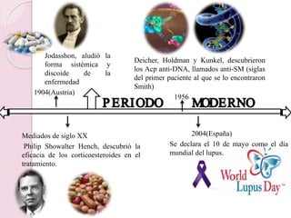 Jodasshon, aludió la
forma sistémica y
discoide de la
enfermedad
1904(Austria)
Deicher, Holdman y Kunkel, descubrieron
los Acp anti-DNA, llamados anti-SM (siglas
del primer paciente al que se lo encontraron
Smith)
1956
Mediados de siglo XX
Philip Showalter Hench, descubrió la
eficacia de los corticoesteroides en el
tratamiento.
2004(España)
Se declara el 10 de mayo como el día
mundial del lupus.
 