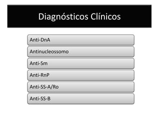 Diagnósticos Clínicos

Anti-DnA

Antinucleossomo

Anti-Sm

Anti-RnP

Anti-SS-A/Ro

Anti-SS-B
 
