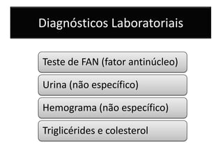 Diagnósticos Laboratoriais

Teste de FAN (fator antinúcleo)

Urina (não específico)

Hemograma (não específico)

Triglicérides e colesterol
 