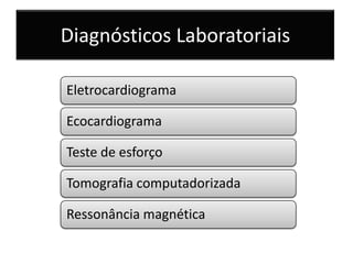 Diagnósticos Laboratoriais

Eletrocardiograma

Ecocardiograma

Teste de esforço

Tomografia computadorizada

Ressonância magnética
 