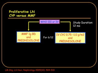 Proliferative LN CYP versus MMF WHO III or IV MMF 1g BD and PREDNISOLONE IV CYC 0.75 –1.0 g/m2 and PREDNISOLONE Study Duration: 12 mo LM Ong, LS Hooi, Nephrology 2005(10) :504-510 For 6/12 