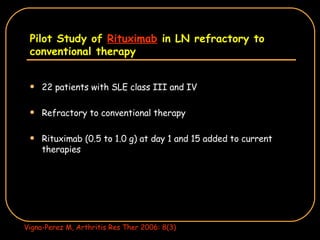 Pilot Study of  Rituximab  in LN refractory to conventional therapy 22 patients with SLE class III and IV Refractory to conventional therapy Rituximab (0.5 to 1.0 g) at day 1 and 15 added to current therapies Vigna-Perez M, Arthritis Res Ther 2006: 8(3) 