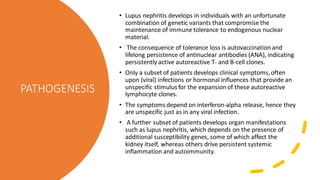 PATHOGENESIS
• Lupus nephritis develops in individuals with an unfortunate
combination of genetic variants that compromise the
maintenance of immune tolerance to endogenous nuclear
material.
• The consequence of tolerance loss is autovaccination and
lifelong persistence of antinuclear antibodies (ANA), indicating
persistently active autoreactive T- and B-cell clones.
• Only a subset of patients develops clinical symptoms,often
upon (viral) infections or hormonal influences that provide an
unspecific stimulus for the expansion of these autoreactive
lymphocyte clones.
• The symptoms depend on interferon-alpha release, hence they
are unspecific just as in any viral infection.
• A further subset of patients develops organ manifestations
such as lupus nephritis, which depends on the presence of
additional susceptibility genes, some of which affect the
kidney itself, whereas others drive persistent systemic
inflammation and autoimmunity.
 