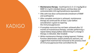 KADIGO
• Maintenance therapy - Azathioprine (1.5–2.5 mg/kg/d) or
MMF (1–2 g/d in divided doses), and low-dose oral
corticosteroids (r10 mg/d prednisone equivalent).
• CNIs with low-dose corticosteroids (intolerant of MMF
and azathioprine
• After complete remission is achieved, maintenance
therapy be continued for at least 1 year before
consideration is given to tapering
the immunosuppression.
• If complete remission has not been achieved after 12
months of maintenance therapy, consider performing a
repeat kidney biopsy before determining if a change in
therapy is indicated. (Not Graded)
• While maintenance therapy is being tapered, if kidney
function deteriorates and/or proteinuria worsens, we
suggestthat treatment be increased to the previous level
of immunosuppressionthat controlled the LN.
 