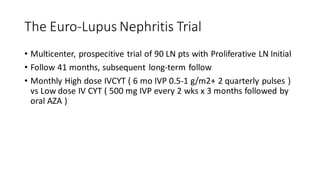 The Euro-Lupus Nephritis Trial
• Multicenter, prospecitive trial of 90 LN pts with Proliferative LN Initial
• Follow 41 months, subsequent long-term follow
• Monthly High dose IVCYT ( 6 mo IVP 0.5-1 g/m2+ 2 quarterly pulses )
vs Low dose IV CYT ( 500 mg IVP every 2 wks x 3 months followed by
oral AZA )
 