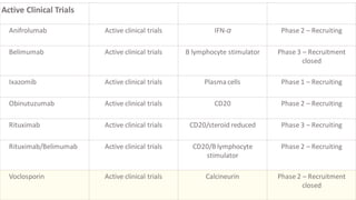 Active Clinical Trials
Anifrolumab Active clinical trials IFN-α Phase 2 – Recruiting
Belimumab Active clinical trials B lymphocyte stimulator Phase 3 – Recruitment
closed
Ixazomib Active clinical trials Plasmacells Phase 1 – Recruiting
Obinutuzumab Active clinical trials CD20 Phase 2 – Recruiting
Rituximab Active clinical trials CD20/steroid reduced Phase 3 – Recruiting
Rituximab/Belimumab Active clinical trials CD20/B lymphocyte
stimulator
Phase 2 – Recruiting
Voclosporin Active clinical trials Calcineurin Phase 2 – Recruitment
closed
 