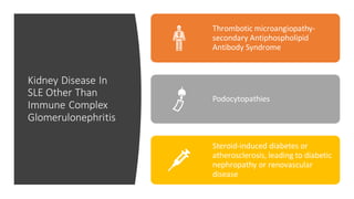 Kidney Disease In
SLE Other Than
Immune Complex
Glomerulonephritis
Thrombotic microangiopathy-
secondary Antiphospholipid
Antibody Syndrome
Podocytopathies
Steroid-induced diabetes or
atherosclerosis, leading to diabetic
nephropathy or renovascular
disease
 