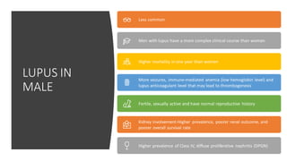 LUPUS IN
MALE
Less common
Men with lupus have a more complex clinical course than women
Higher mortality in one year than women
More seizures, immune-mediated anemia (low hemoglobin level) and
lupus anticoagulant level that may lead to thrombogenesis
Fertile, sexually active and have normal reproductive history
Kidney involvement-Higher prevalence, poorer renal outcome, and
poorer overall survival rate
Higher prevalence of Class IV, diffuse proliferative nephritis (DPGN)
 