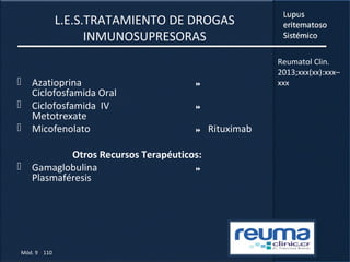 Mód. 9 110
L.E.S.TRATAMIENTO DE DROGAS
INMUNOSUPRESORAS
 Azatioprina 
Ciclofosfamida Oral
 Ciclofosfamida IV 
Metotrexate
 Micofenolato  Rituximab
Otros Recursos Terapéuticos:
 Gamaglobulina 
Plasmaféresis
Reumatol Clin.
2013;xxx(xx):xxx–
xxx
 