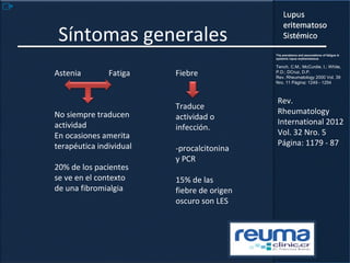 Síntomas generales
Astenia Fatiga Fiebre
No siempre traducen
actividad
En ocasiones amerita
terapéutica individual
20% de los pacientes
se ve en el contexto
de una fibromialgia
Traduce
actividad o
infección.
-procalcitonina
y PCR
15% de las
fiebre de origen
oscuro son LES
The prevalence and associations of fatigue in
systemic lupus erythematosus
Tench, C.M.; McCurdie, I.; White,
P.D.; DCruz, D.P.
Rev. Rheumatology 2000 Vol. 39
Nro. 11 Página: 1249 - 1254
Rev.
Rheumatology
International 2012
Vol. 32 Nro. 5
Página: 1179 - 87
 