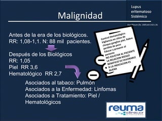 Malignidad
Antes de la era de los biológicos.
RR: 1,08-1,1. N: 88 mil pacientes.
Después de los Biológicos
RR: 1,05
Piel RR 3,6
Hematológico RR 2,7
Asociados al tabaco: Pulmón
Asociados a la Enfermedad: Linfomas
Asociados a Tratamiento: Piel /
Hematológicos
Ann Rheum Dis. 2005;64:1421-26.
Control Hematológico.
Vigilancia en sitios de
choque ganglios piel, fiebre
perdida de peso
Educar y prevenir al
paciente
NO ASUSTAR AL PACIENTE
LA RELACION RIESGO
BENEFICIO ES FAVORABLE
SI LA INDICACION ES
BUENA
 