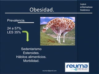 Obesidad.
Prevalencia.
24 a 57%.
LES 35%
Sedentarismo
Esteroides.
Hábitos alimenticios.
Morbilidad.
reumacr@gmail.com
 