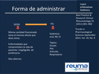 Forma de administrar
DOSIS
Misma cantidad fraccionada
tiene el mismos efecto que
dosis única.
Enfermedades que
comprometen la vida de
paciente: 1mg/kg/dia de
prednisona.
Días alternos
Vía
Sistémica:
oral, IM, IV
Tópica:
Ocular.
Piel.
Articular.
Respiratorio
Best Practice &
Research Clinical
Rheumatology 25
(2011) 891–900
Trends in
Pharmacological
Sciences September
2013, Vol. 34, No. 9
 
