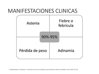 MANIFESTACIONES CLINICAS
Astenia
Fiebre o
febrícula
Pérdida de peso Adinamia
90%-95%
 