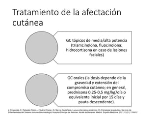 Tratamiento de la afectación
cutánea
GC tópicos de media/alta potencia
(triamcinolona, fluocinolona;
hidrocortisona en caso de lesiones
faciales)
GC orales (la dosis depende de la
gravedad y extensión del
compromiso cutáneo; en general,
prednisona 0,25-0,5 mg/kg/día o
equivalente inicial por 15 días y
pauta descendente).
V. Emperiale, E. Rabadán Rubio, J. Suárez Cuba y N. García Castañeda, Lupus eritematoso sistémico (II). Estrategia terapéutica, Servicio de
Enfermedades del Sistema Inmune-Reumatología. Hospital Príncipe de Asturias. Alcalá de Henares. Madrid. España Medicine. 2021;13(31):1749-57
 