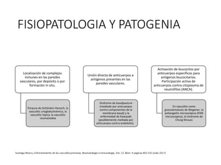 FISIOPATOLOGIA Y PATOGENIA
Localización de complejos
inmunes en las paredes
vasculares, por depósito o por
formación in situ.
Púrpura de Schönlein-Henoch, la
vasculitis crioglobulinémica, la
vasculitis lúpica, la vasculitis
reumatoidea
Unión directa de anticuerpos a
antígenos presentes en las
paredes vasculares.
Síndrome de Goodpasture
(mediado por anticuerpos
contra componentes de la
membrana basal) y la
enfermedad de Kawasaki
(posiblemente mediada por
anticuerpos contra endotelio).
Activación de leucocitos por
anticuerpos específicos para
antígenos leucocitarios.
Participación activa de
anticuerpos contra citoplasma de
neutrófilos (ANCA).
En vasculitis como
granulomatosis de Wegener, la
poliangeítis microscópica (PAN
microscópica), el síndrome de
Churg-Strauss
 