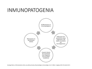 INMUNOPATOGENIA
b) Mecanismos no
inmunopatógenos
Infiltración de la
pared de los vasos
sanguíneos o del
tejido circundante
por
microorganismos
Invasión directa
de la pared del
vaso sanguíneo
por las células
neoplásicas
Mecanismos no
identificados
todavía
 