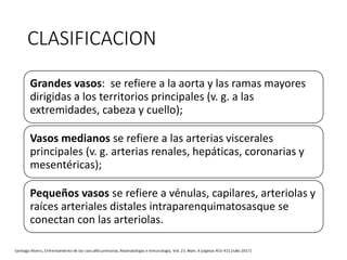 CLASIFICACION
Grandes vasos: se refiere a la aorta y las ramas mayores
dirigidas a los territorios principales (v. g. a las
extremidades, cabeza y cuello);
Vasos medianos se refiere a las arterias viscerales
principales (v. g. arterias renales, hepáticas, coronarias y
mesentéricas);
Pequeños vasos se refiere a vénulas, capilares, arteriolas y
raíces arteriales distales intraparenquimatosasque se
conectan con las arteriolas.
 